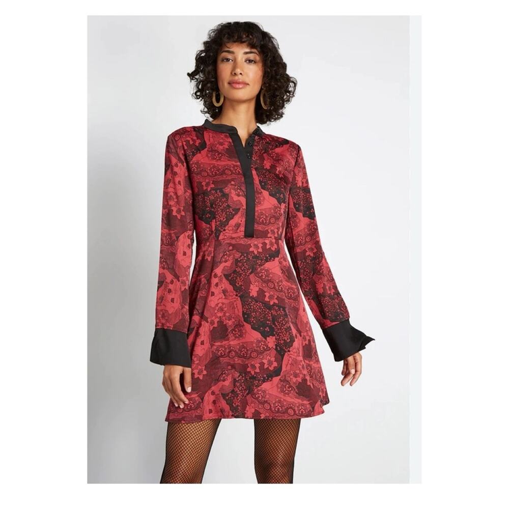 ModCloth Red&Black Retro Goddess Romance Long Sleeve Dress Sz.8